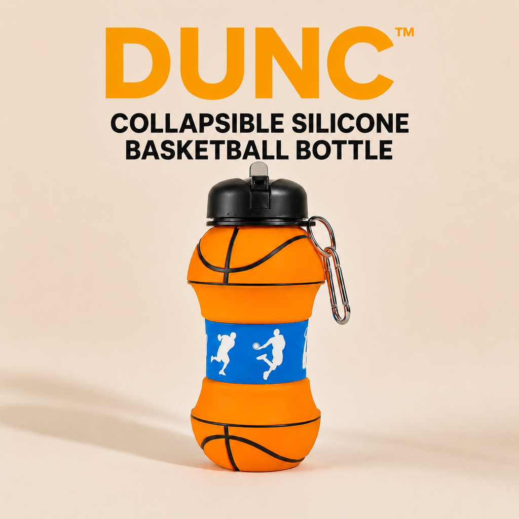 Dunc collapsible silicone water bottle in basketball design